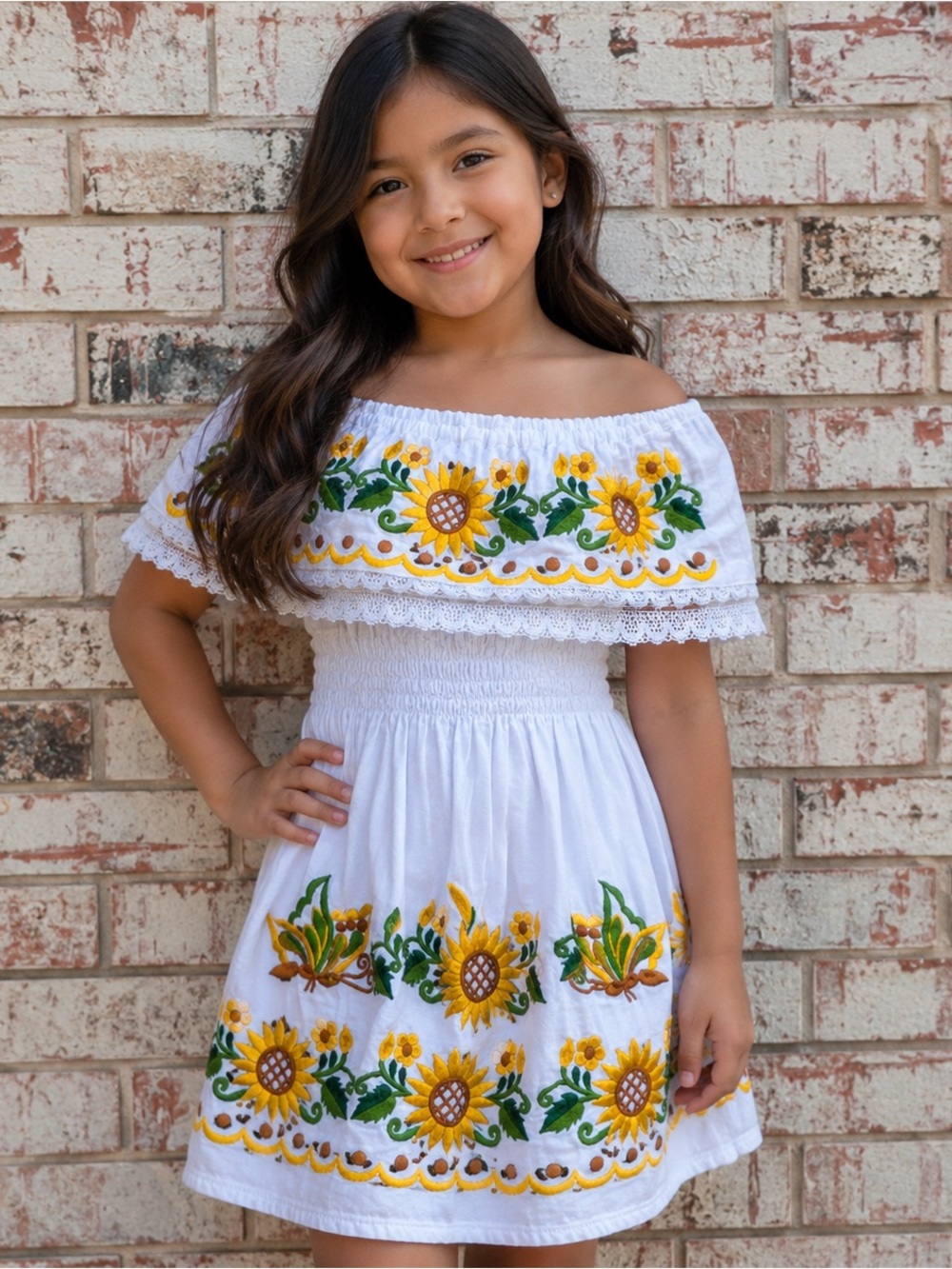 Mexican Peasant Sunflower Embroidered Off-Shoulder Girls Dress Sz 8y